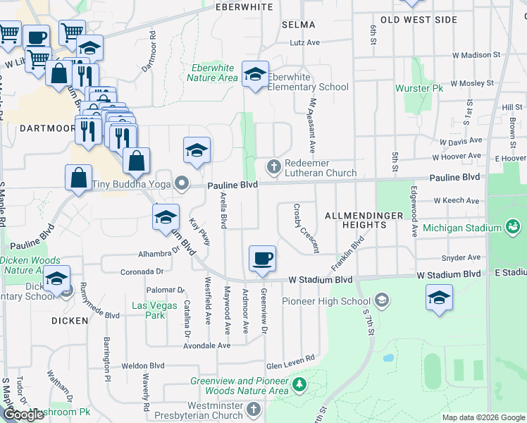 map of restaurants, bars, coffee shops, grocery stores, and more near 1202 Meadowbrook Avenue in Ann Arbor