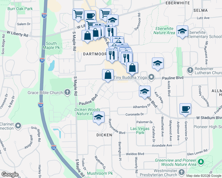 map of restaurants, bars, coffee shops, grocery stores, and more near 2021 Pauline Court in Ann Arbor
