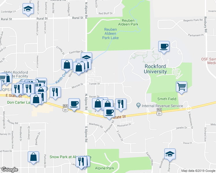 map of restaurants, bars, coffee shops, grocery stores, and more near 332 Ridgeview Avenue in Rockford
