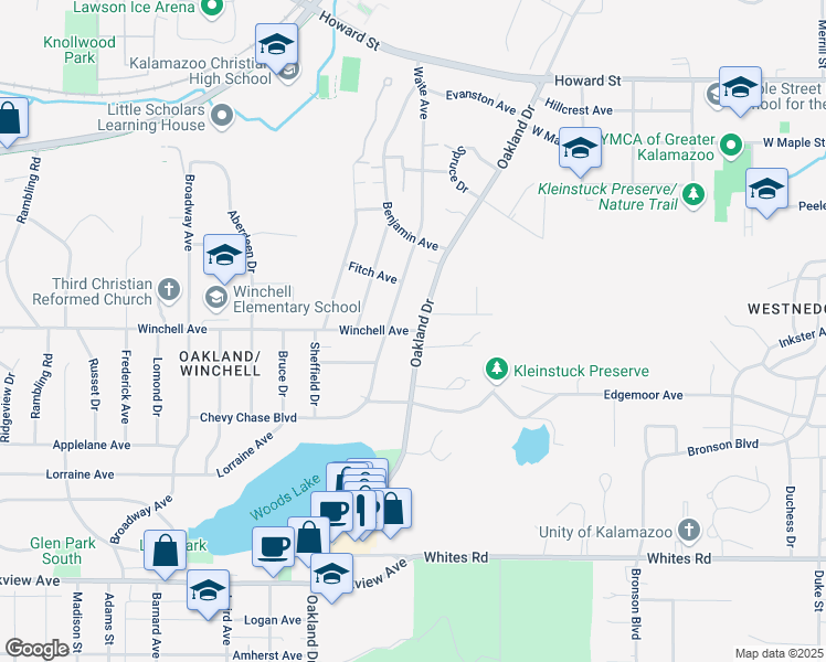 map of restaurants, bars, coffee shops, grocery stores, and more near 1821 Winchell Avenue in Kalamazoo