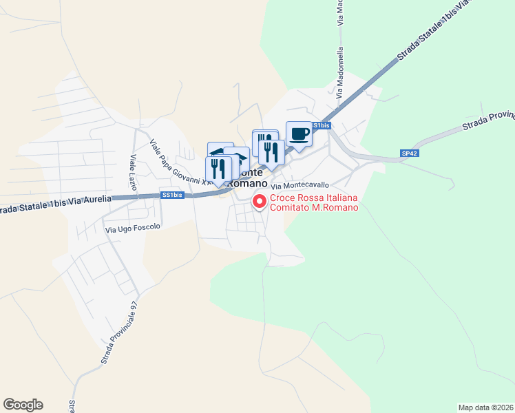map of restaurants, bars, coffee shops, grocery stores, and more near 21 Via Guglielmo Marconi in Monte Romano