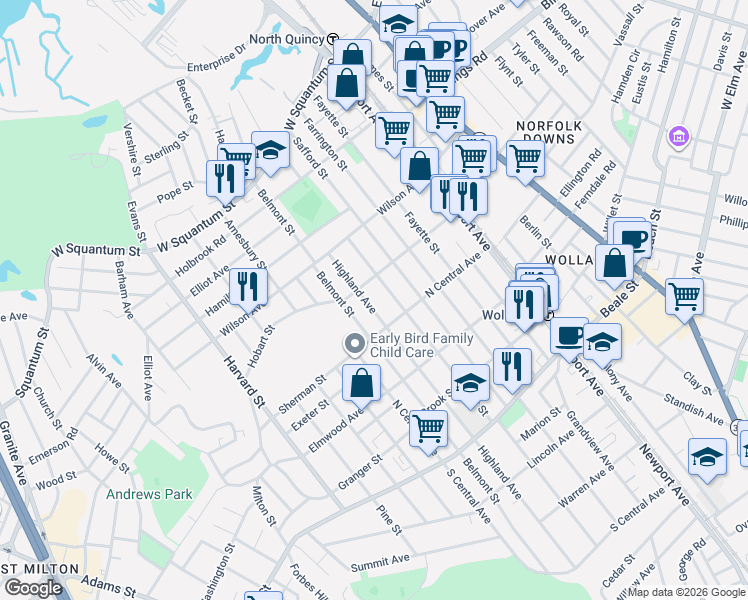map of restaurants, bars, coffee shops, grocery stores, and more near 114 Highland Ave in Quincy