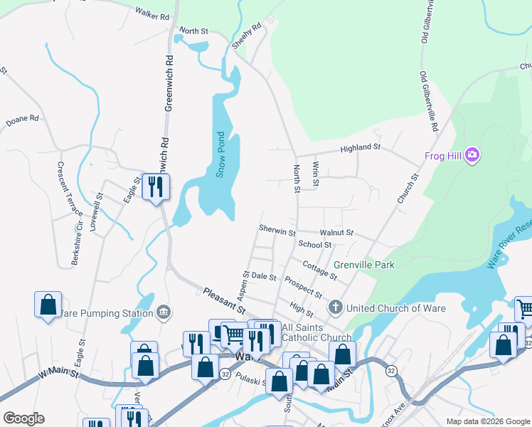 map of restaurants, bars, coffee shops, grocery stores, and more near 69 Aspen Street in Ware