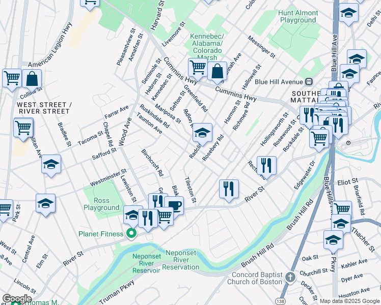 map of restaurants, bars, coffee shops, grocery stores, and more near 76 Taunton Avenue in Boston