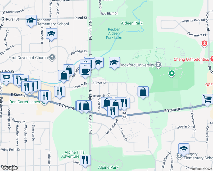 map of restaurants, bars, coffee shops, grocery stores, and more near 332 Ridgeview Avenue in Rockford