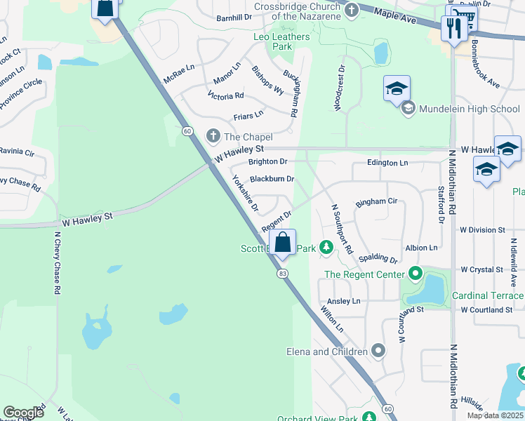 map of restaurants, bars, coffee shops, grocery stores, and more near 347 Yorkshire Drive in Mundelein