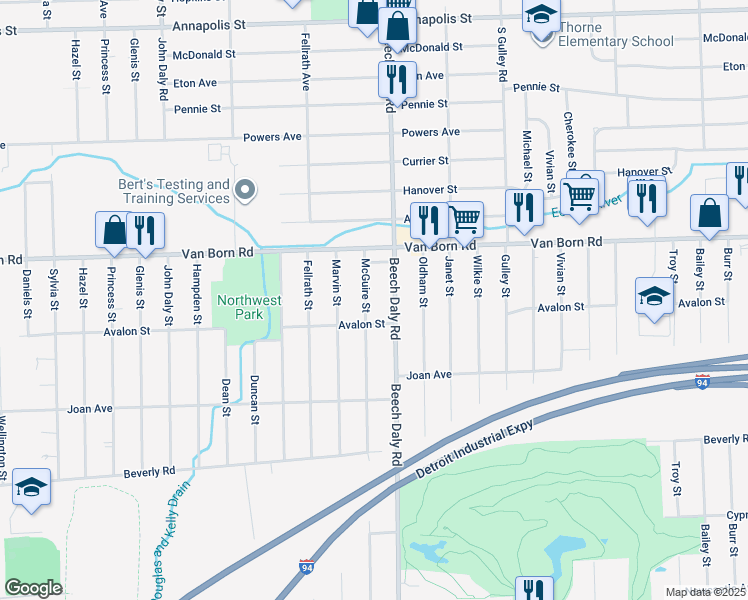 map of restaurants, bars, coffee shops, grocery stores, and more near 5925 McGuire Street in Taylor