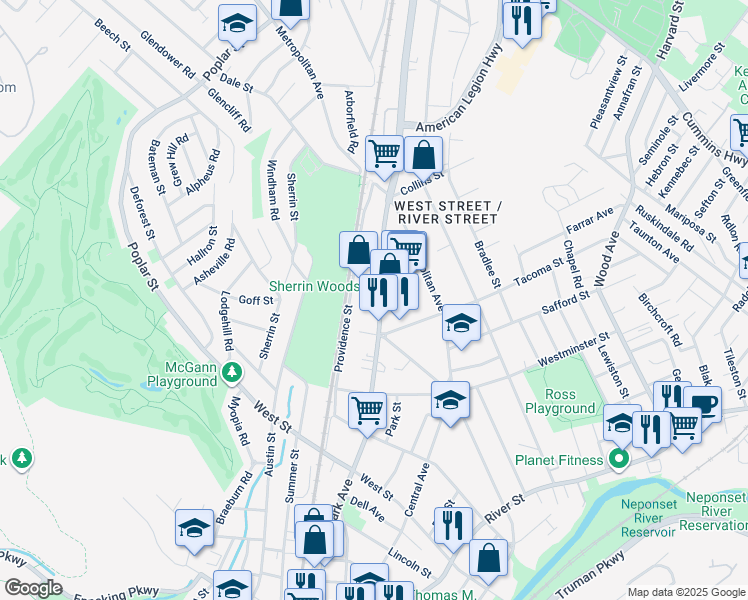 map of restaurants, bars, coffee shops, grocery stores, and more near 957 Hyde Park Avenue in Boston