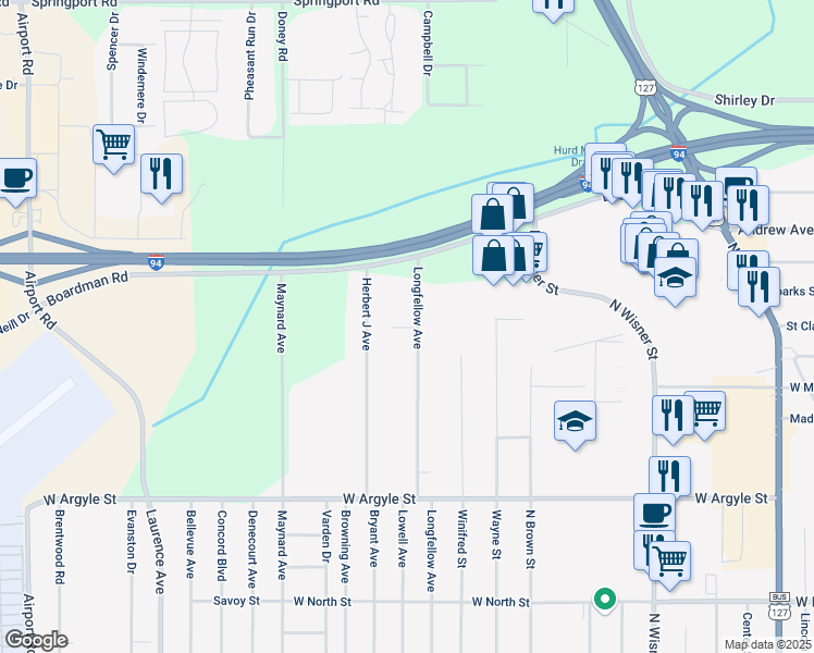 map of restaurants, bars, coffee shops, grocery stores, and more near 1408 Longfellow Avenue in Jackson