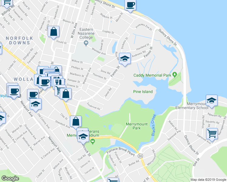 map of restaurants, bars, coffee shops, grocery stores, and more near 78 Meadowbrook Road in Quincy