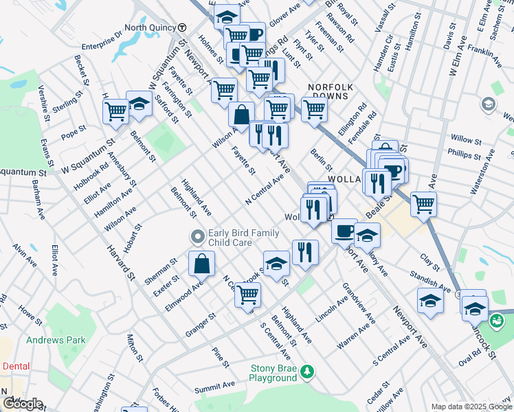 map of restaurants, bars, coffee shops, grocery stores, and more near 223 Farrington Street in Quincy