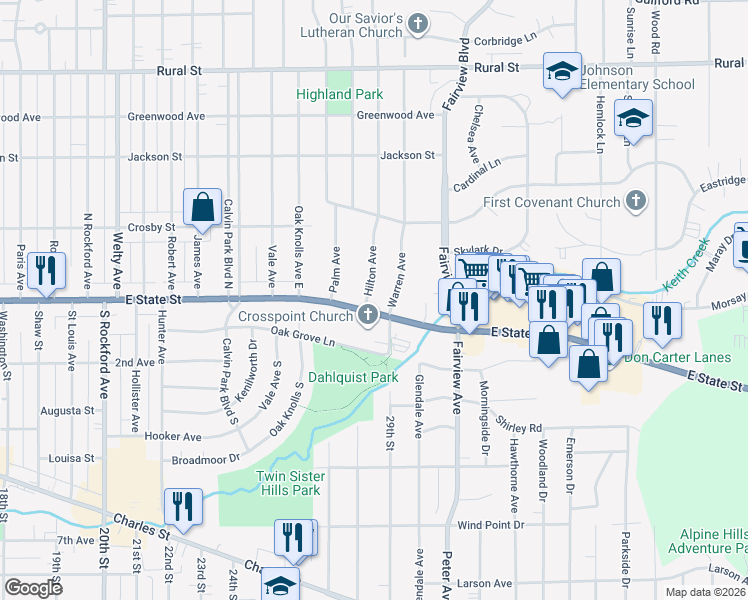 map of restaurants, bars, coffee shops, grocery stores, and more near 105 Hilton Avenue in Rockford