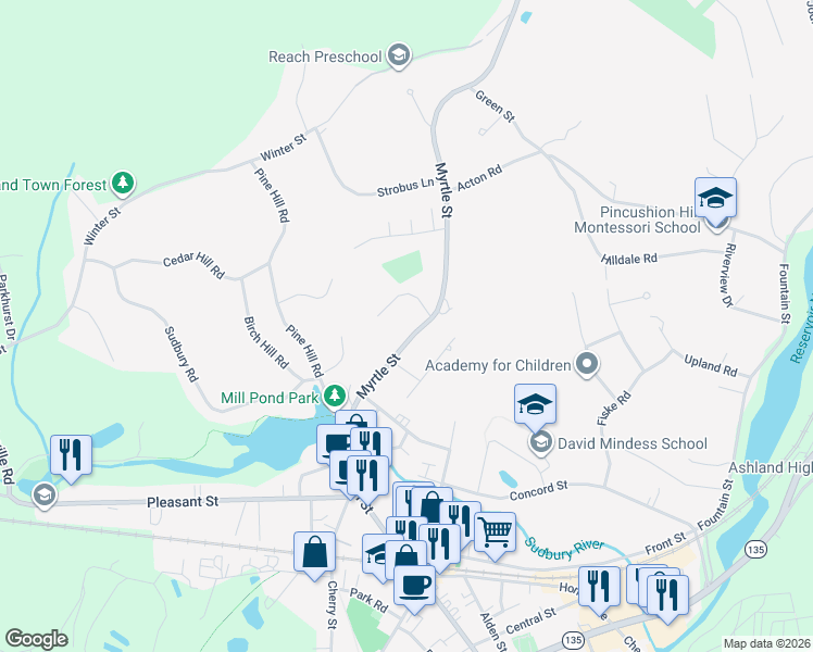 map of restaurants, bars, coffee shops, grocery stores, and more near 94 Myrtle Street in Ashland