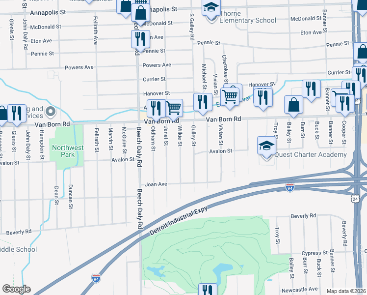 map of restaurants, bars, coffee shops, grocery stores, and more near 5933 Wilkie Street in Taylor