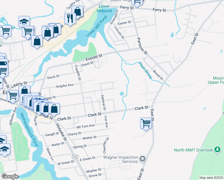 map of restaurants, bars, coffee shops, grocery stores, and more near 96 Briggs Street in Easthampton