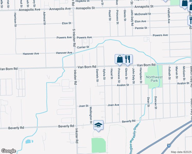 map of restaurants, bars, coffee shops, grocery stores, and more near 5882 Daniels Street in Taylor