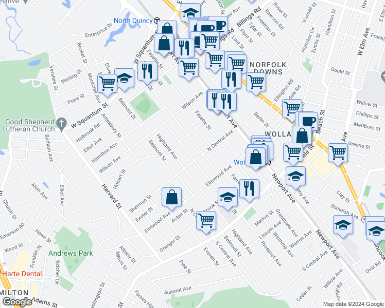 map of restaurants, bars, coffee shops, grocery stores, and more near 74 Taylor Street in Quincy