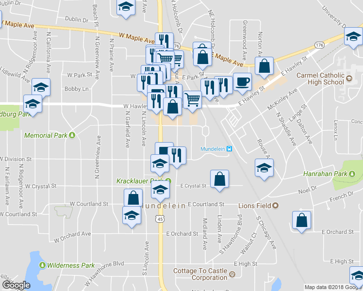 map of restaurants, bars, coffee shops, grocery stores, and more near 231 North Seymour Avenue in Mundelein