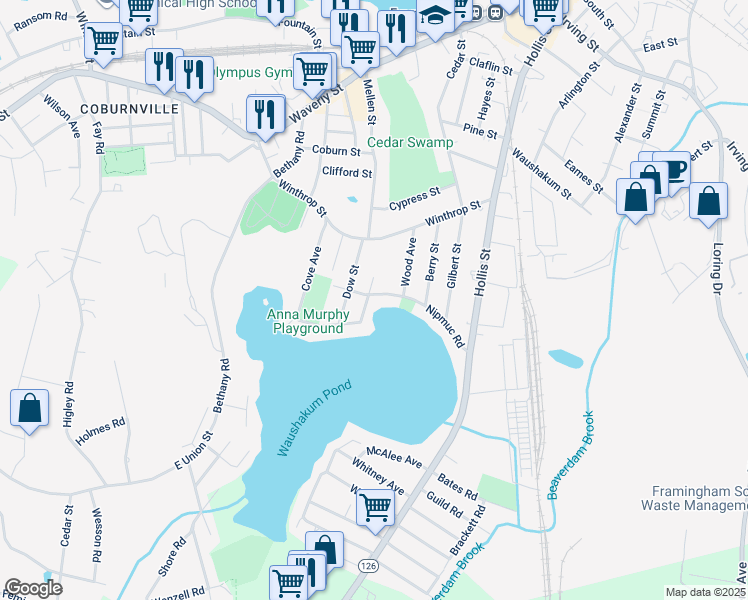map of restaurants, bars, coffee shops, grocery stores, and more near 88 Nipmuc Road in Framingham