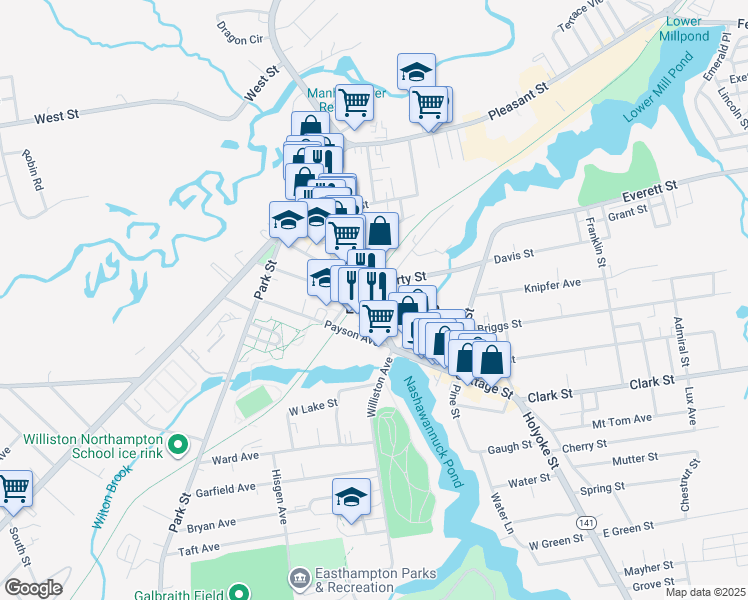 map of restaurants, bars, coffee shops, grocery stores, and more near 97 Union Street in Easthampton