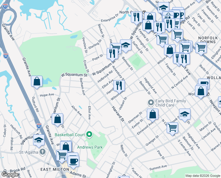 map of restaurants, bars, coffee shops, grocery stores, and more near 129 Hamilton Avenue in Quincy