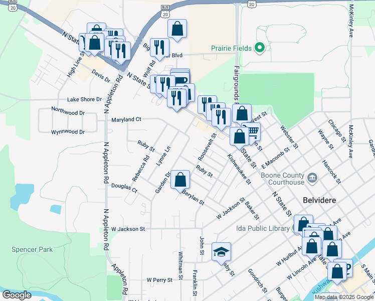 map of restaurants, bars, coffee shops, grocery stores, and more near 222 Garden Drive in Belvidere