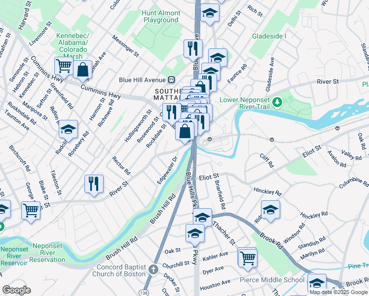 map of restaurants, bars, coffee shops, grocery stores, and more near 524 River Street in Boston