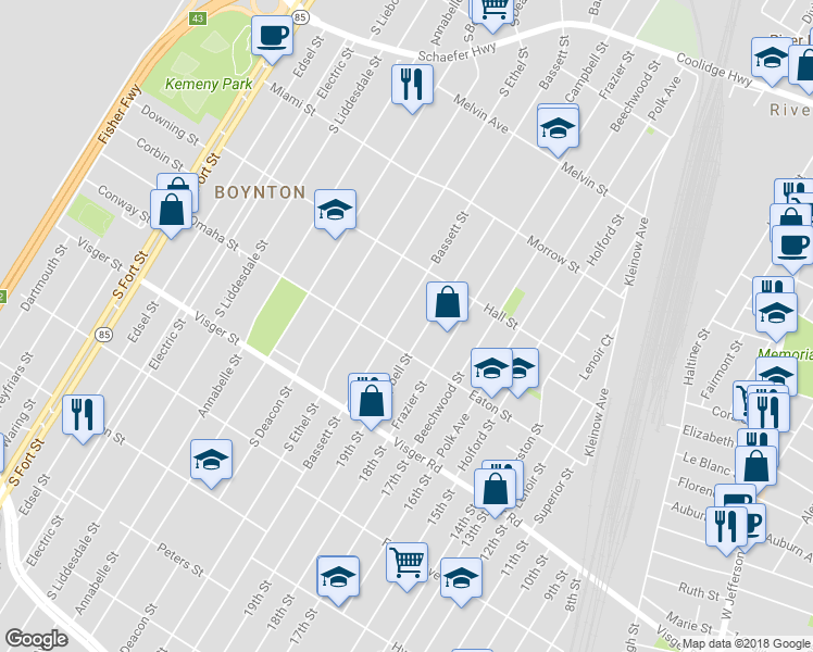 map of restaurants, bars, coffee shops, grocery stores, and more near 2521 Bassett Street in Detroit