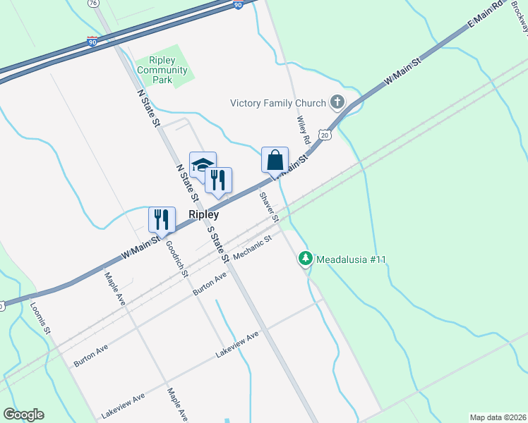 map of restaurants, bars, coffee shops, grocery stores, and more near 11 Shaver Street in Ripley