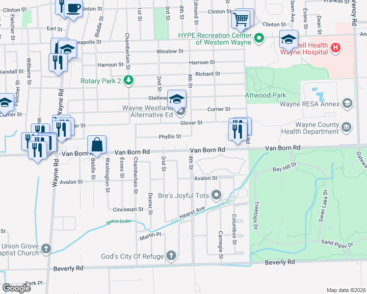map of restaurants, bars, coffee shops, grocery stores, and more near 34430 Van Born Road in Wayne