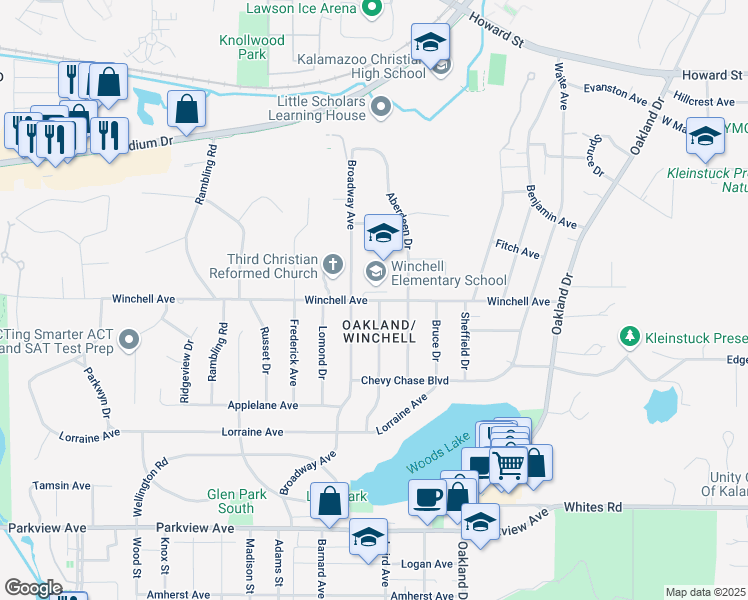 map of restaurants, bars, coffee shops, grocery stores, and more near 2316 Winchell Avenue in Kalamazoo