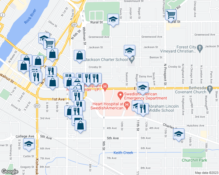 map of restaurants, bars, coffee shops, grocery stores, and more near 1240 East State Street in Rockford