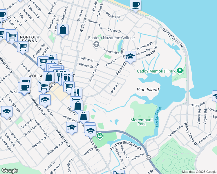 map of restaurants, bars, coffee shops, grocery stores, and more near 139 Fenno Street in Quincy