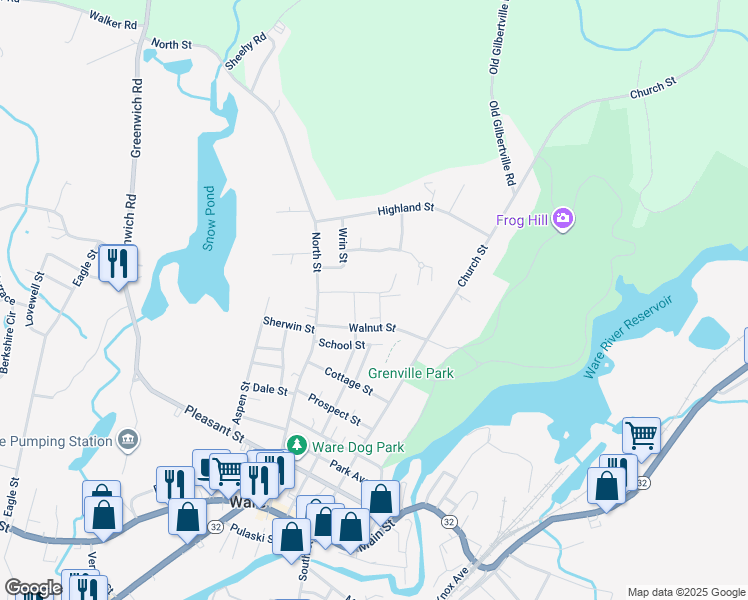 map of restaurants, bars, coffee shops, grocery stores, and more near 10 Gareau Avenue in Ware