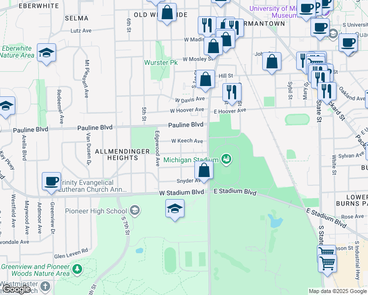 map of restaurants, bars, coffee shops, grocery stores, and more near 1105 Belmar Place in Ann Arbor