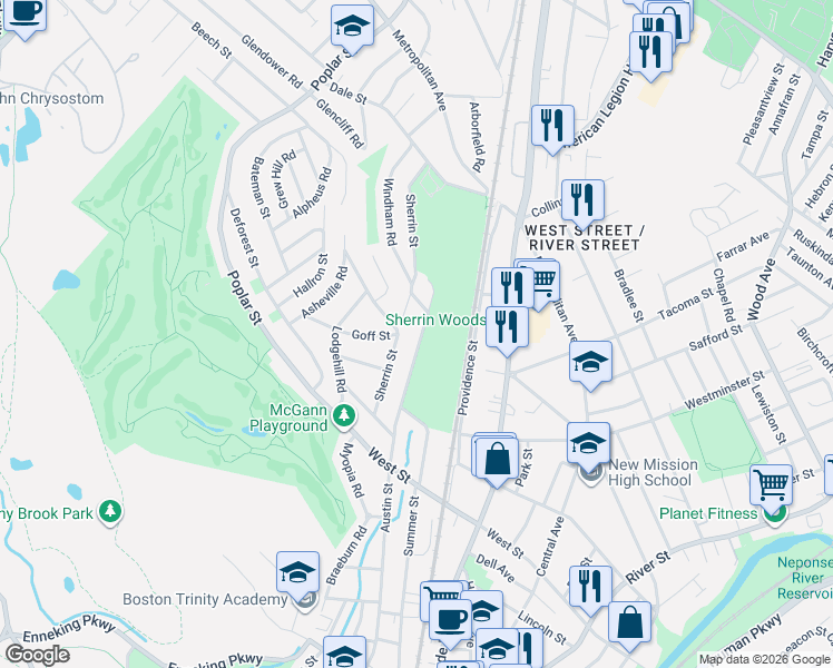 map of restaurants, bars, coffee shops, grocery stores, and more near 242 Austin Street in Boston