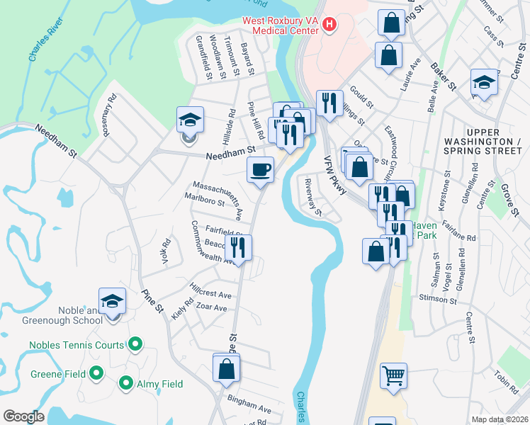 map of restaurants, bars, coffee shops, grocery stores, and more near 140 Bridge Street in Dedham