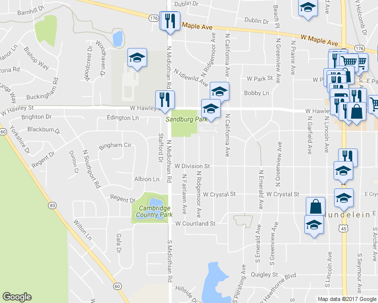 map of restaurants, bars, coffee shops, grocery stores, and more near 237 North Fairlawn Avenue in Mundelein