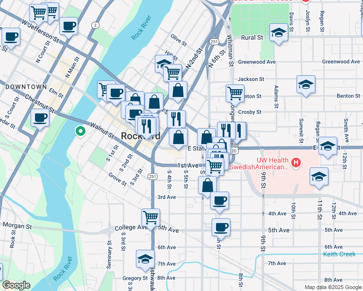 map of restaurants, bars, coffee shops, grocery stores, and more near 810 E State St in Rockford