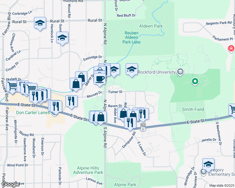 map of restaurants, bars, coffee shops, grocery stores, and more near 4703 Turner Street in Rockford