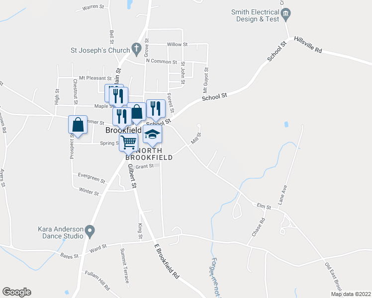 map of restaurants, bars, coffee shops, grocery stores, and more near 36 Elm Street in North Brookfield