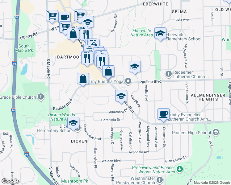 map of restaurants, bars, coffee shops, grocery stores, and more near 1846 Suffolk Avenue in Ann Arbor