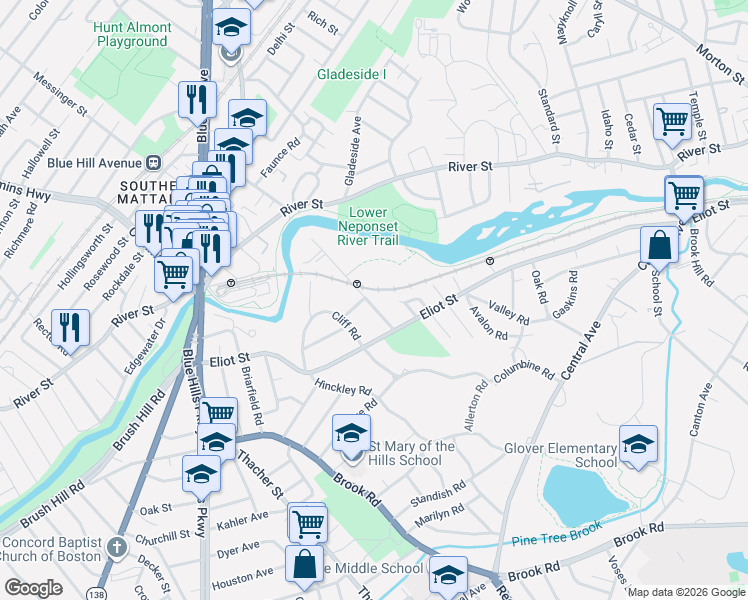 map of restaurants, bars, coffee shops, grocery stores, and more near 33 Capen Street in Milton