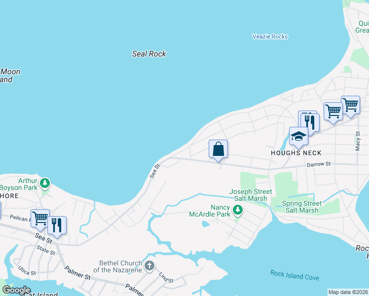 map of restaurants, bars, coffee shops, grocery stores, and more near 8 Babcock Street in Quincy