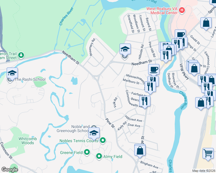 map of restaurants, bars, coffee shops, grocery stores, and more near 32 Eaton Road in Dedham