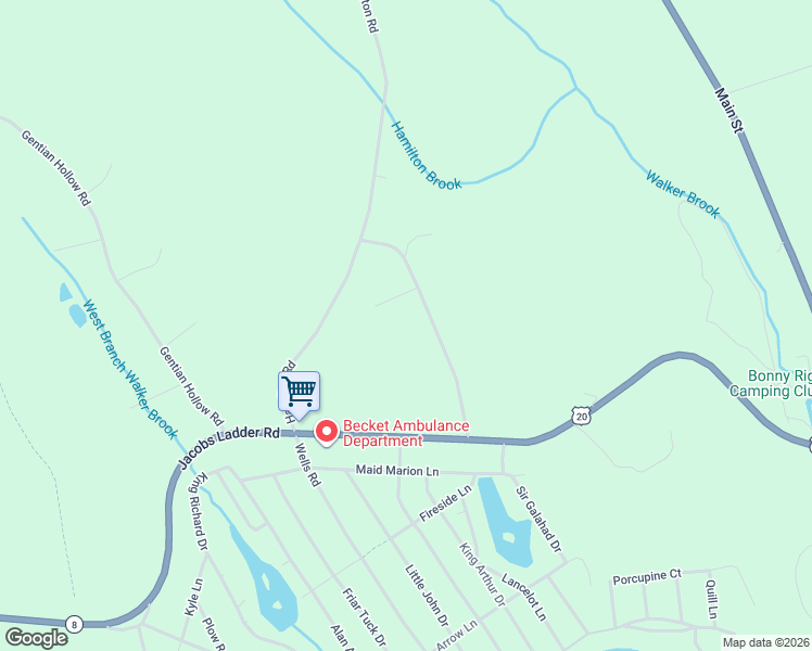 map of restaurants, bars, coffee shops, grocery stores, and more near Stoney Brook Road in Becket