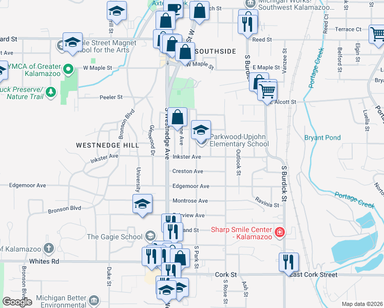 map of restaurants, bars, coffee shops, grocery stores, and more near 315 Inkster Avenue in Kalamazoo