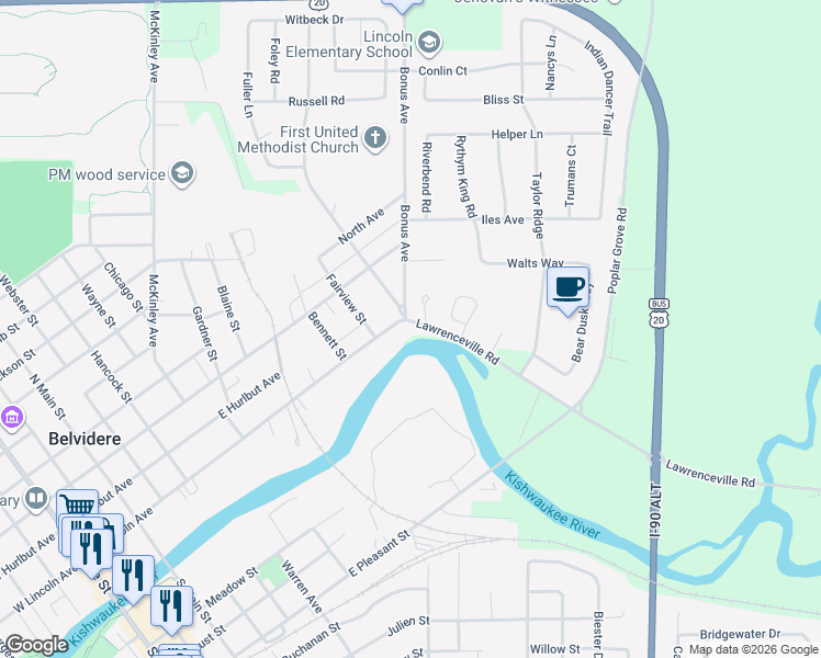map of restaurants, bars, coffee shops, grocery stores, and more near 1205 East Lincoln Avenue in Belvidere