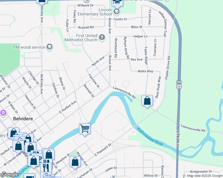 map of restaurants, bars, coffee shops, grocery stores, and more near 1205 East Lincoln Avenue in Belvidere