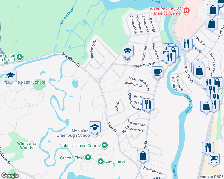 map of restaurants, bars, coffee shops, grocery stores, and more near 32 Eaton Road in Dedham
